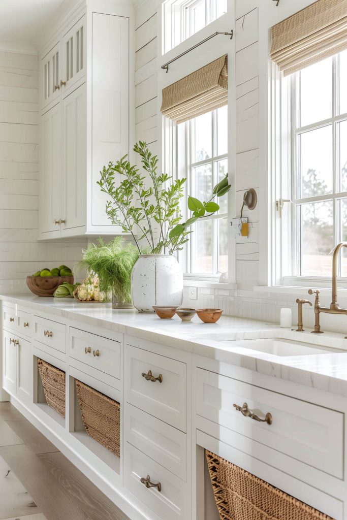 White kitchen cabinets featuring country-inspired woven basket drawers.