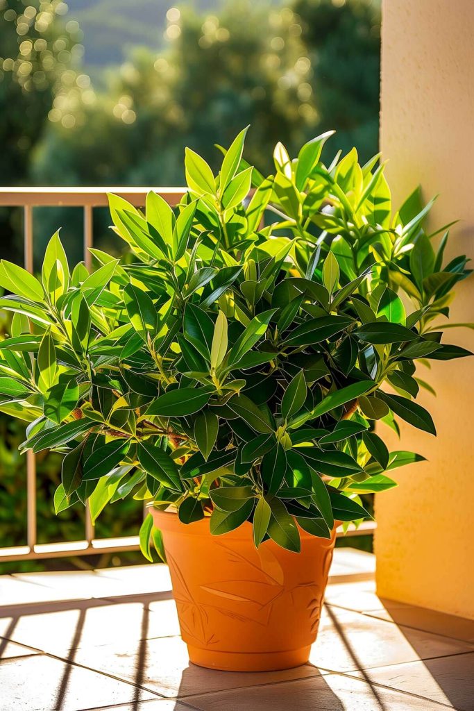 A bay laurel tree with glossy green leaves, growing in a terracotta pot on a sunny patio.