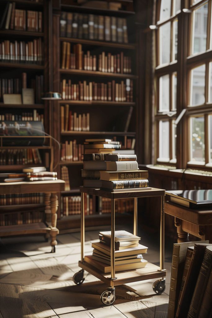 A vintage-style rolling book cart filled with favorite reads in a flexible and stylish library.