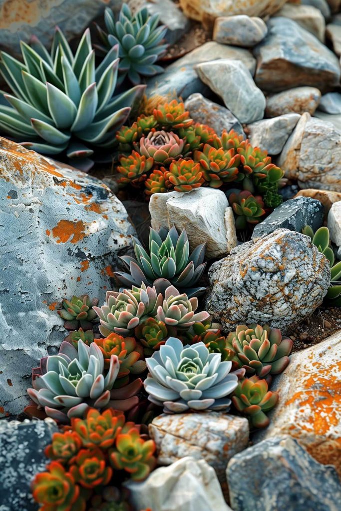 A rock garden with various sizes of rocks and alpine plants.