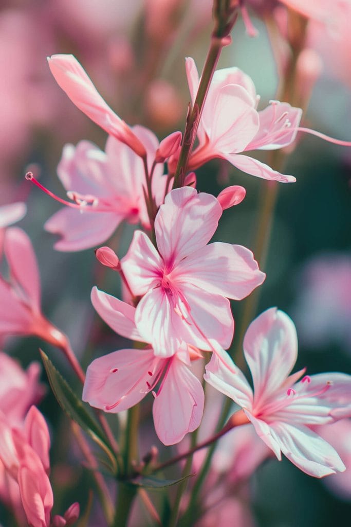 Delicate, butterfly-like gaura flowers in white and pink blooming in a sunny garden, adding an airy, graceful appearance.