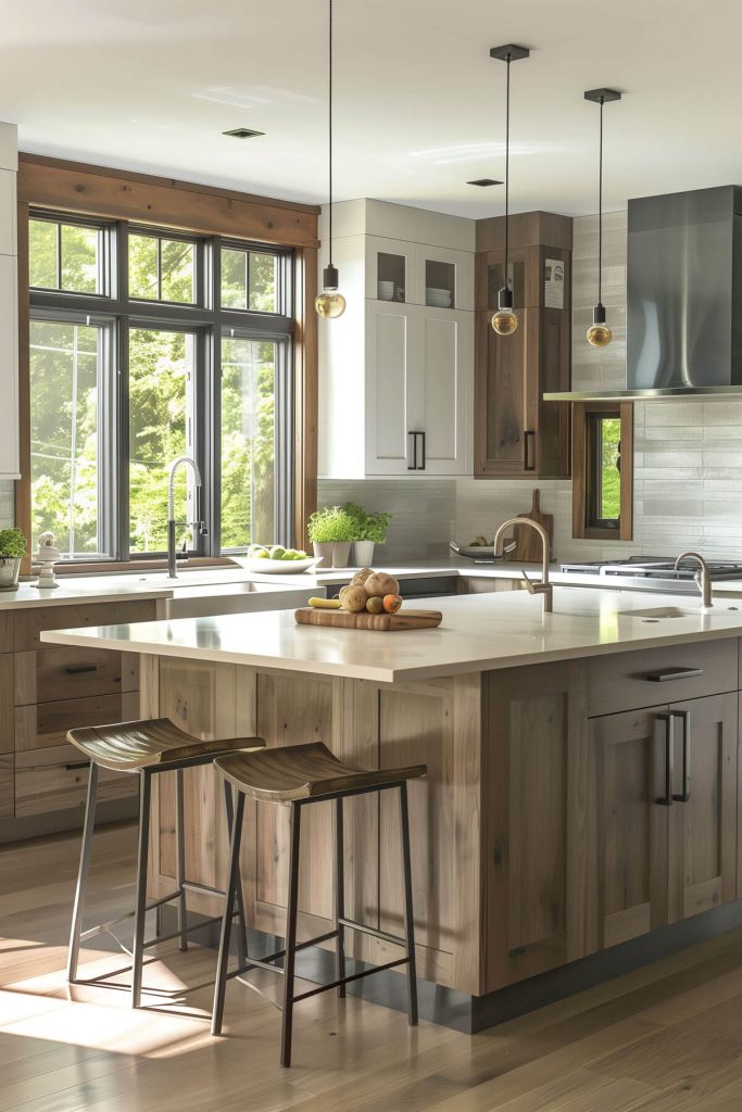 Kitchen showcasing mixed textures of wood, metal, and glass.