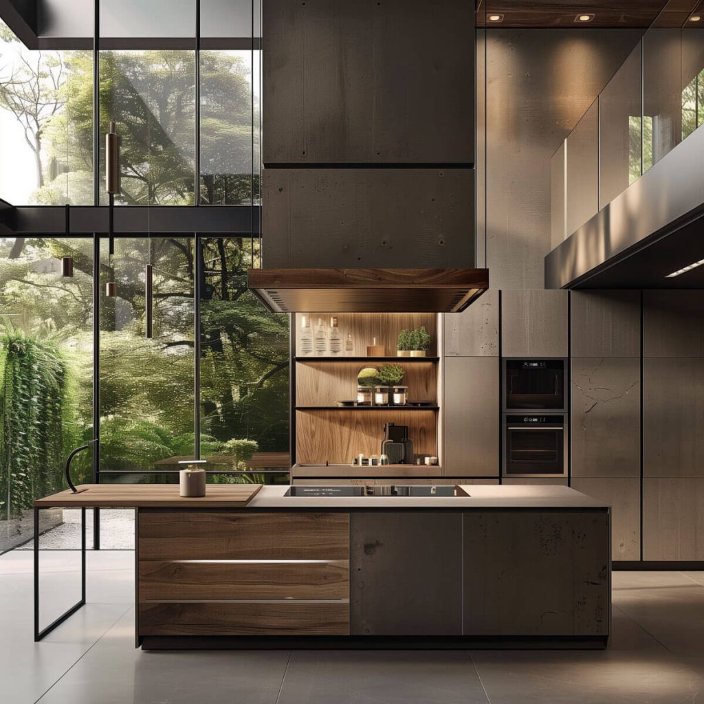 Kitchen showcasing mixed textures of wood, metal, and glass.