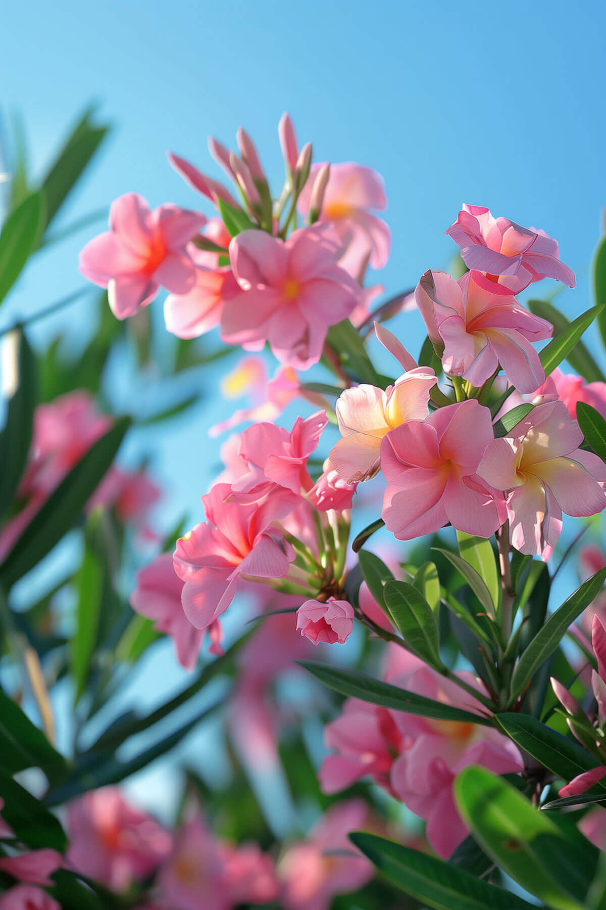 Clusters of pink, red, white, or yellow oleander flowers blooming on a sunny day.