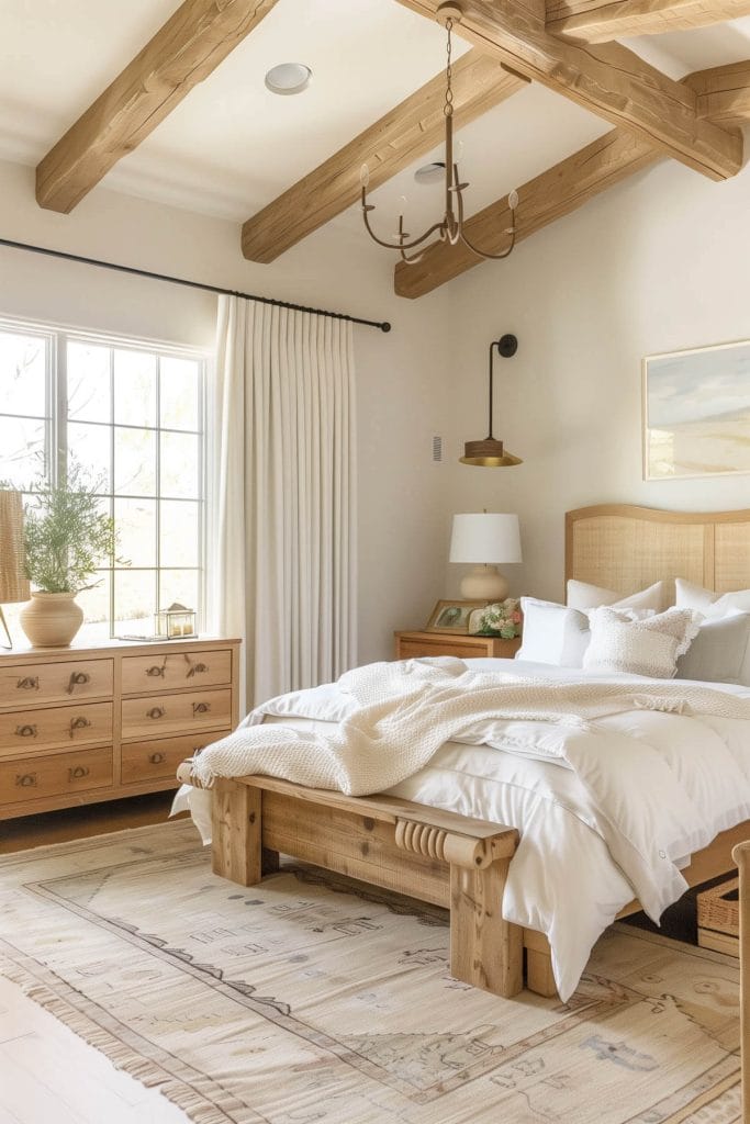 Pine or oak furniture pieces emphasizing natural beauty in a bedroom.