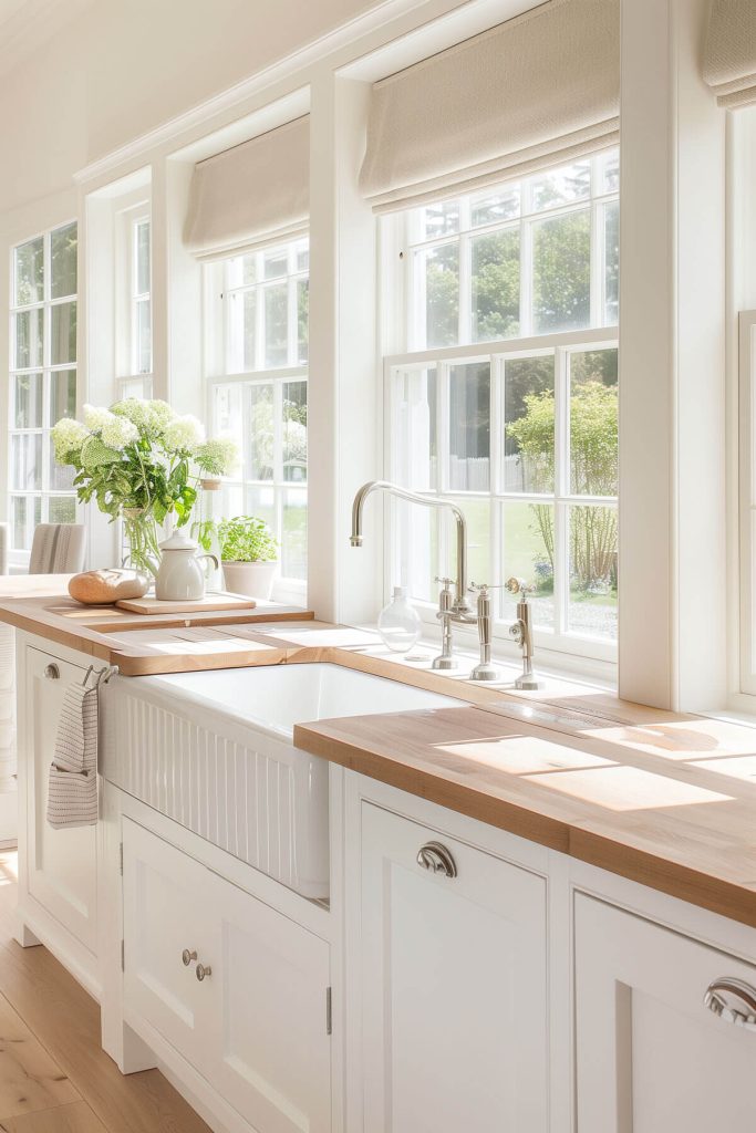 Warm white kitchen cabinets topped with a natural butcher block countertop