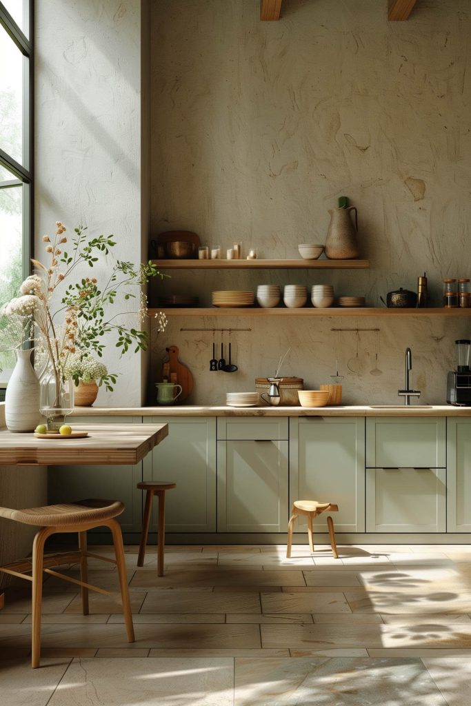 Sage green cabinets combined with bamboo accessories in a Zen-inspired kitchen.