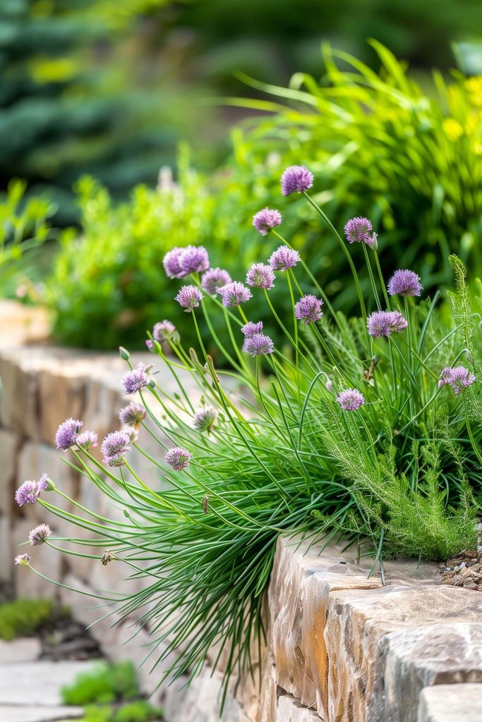 A chive plant with thin, green leaves and purple flowers, growing in a neat garden bed.