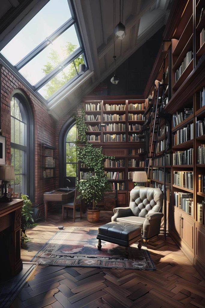 A bright and airy loft library with low built-in shelves and natural light streaming in from a skylight.