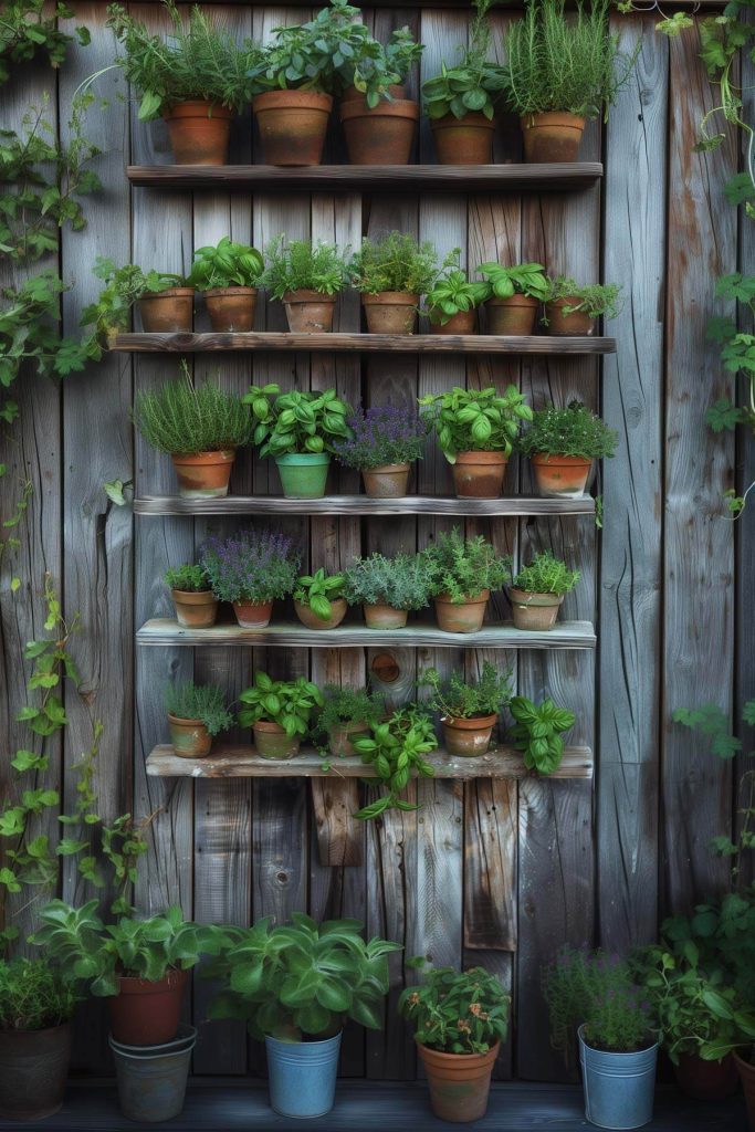 A vertical herb garden with rustic wooden shelves and a variety of herbs.