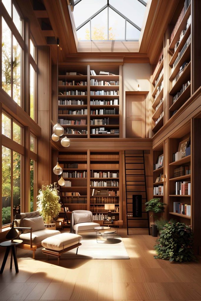 A bright and airy loft library with low built-in shelves and natural light streaming in from a skylight.