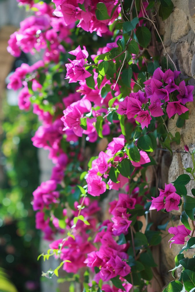 Vibrant pink, purple, red, and orange bracts of bougainvillea climbing over a sunlit wall.