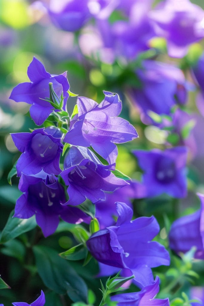 Charming, bell-shaped campanula flowers in blue, purple, and white blooming in a sunny to partially shaded garden.