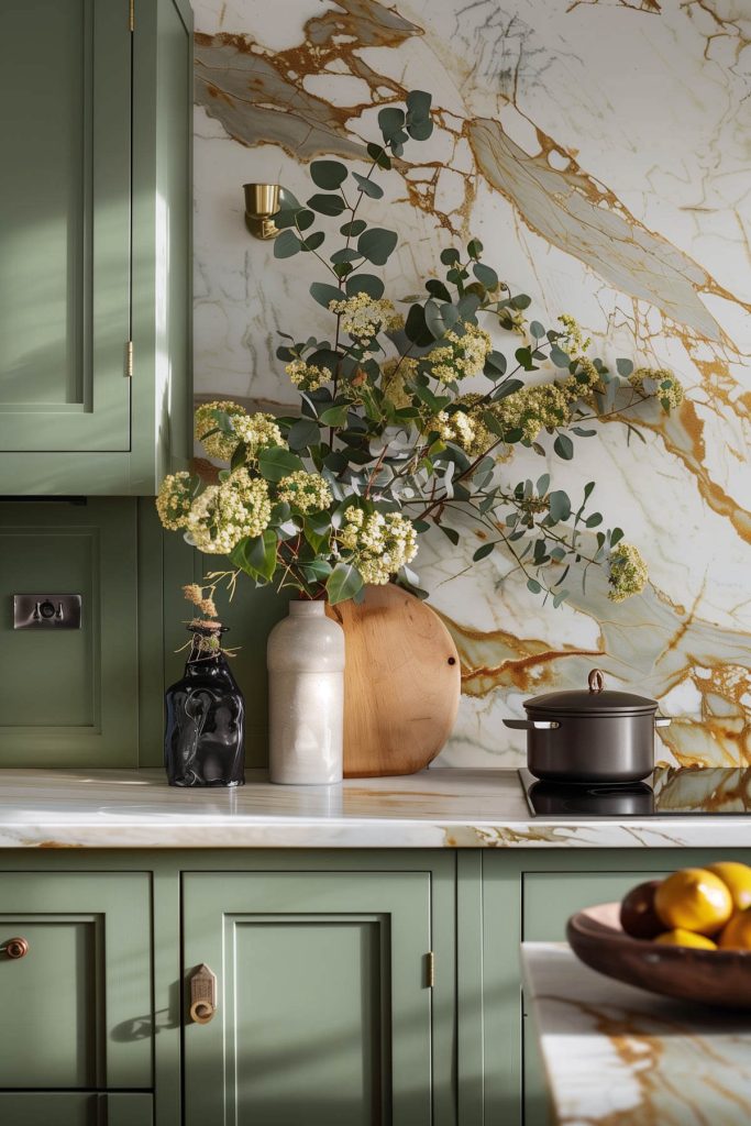 Sage green cabinets paired with gold-veined marble countertops in an elegant kitchen.