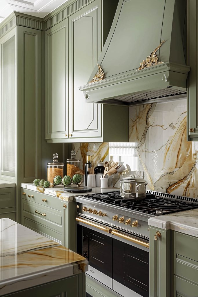 Sage green cabinets paired with gold-veined marble countertops in an elegant kitchen.