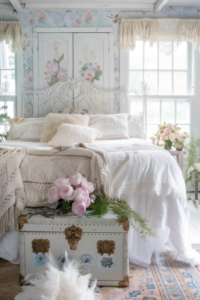 A vintage trunk at the foot of the bed used for storage and as a decorative piece in a bedroom.