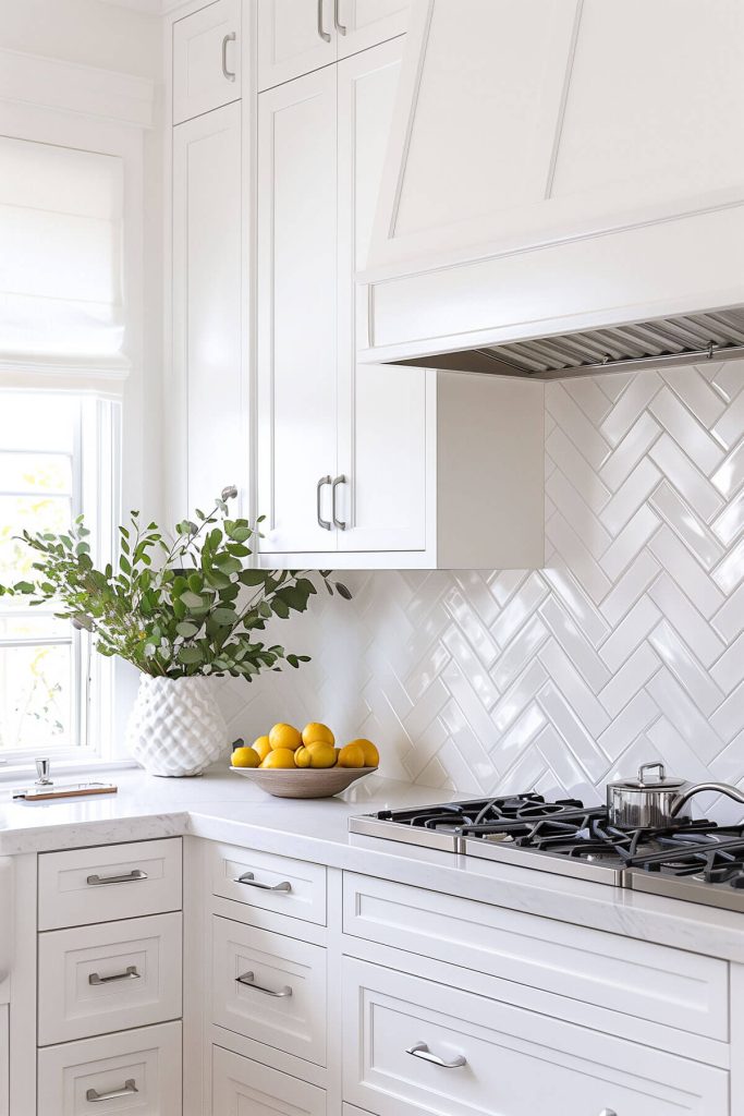 Contemporary white kitchen cabinets backed by a glossy chevron pattern subway tile.
