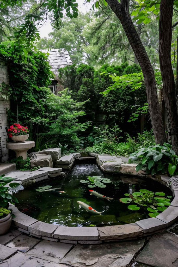 A small pond garden with aquatic plants, goldfish, and ferns.