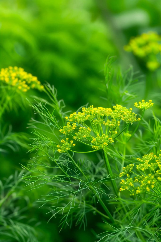 A dill plant with feathery green leaves and yellow flowers, set in a sunlit vegetable garden.