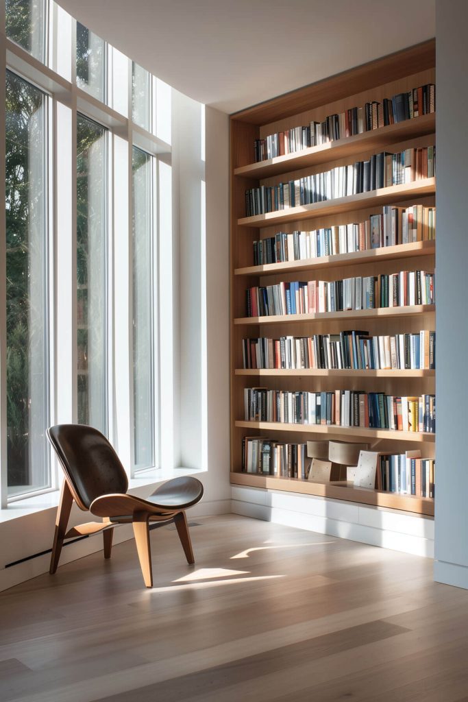 Sleek recessed wall shelves seamlessly blending with the room's decor in a modern library.