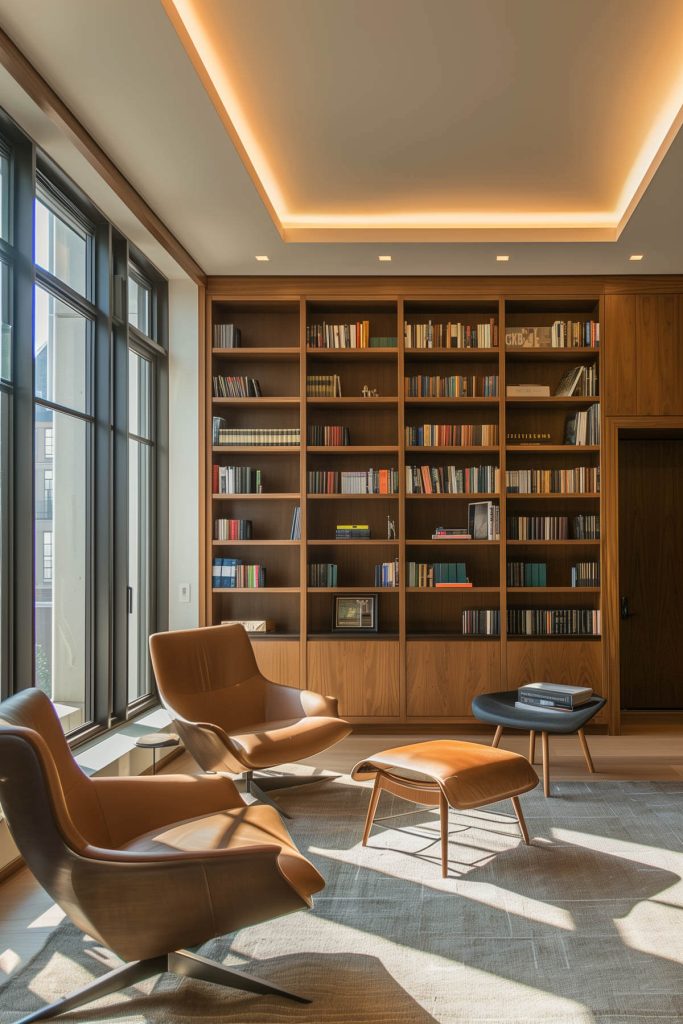 Sleek recessed wall shelves seamlessly blending with the room's decor in a modern library.