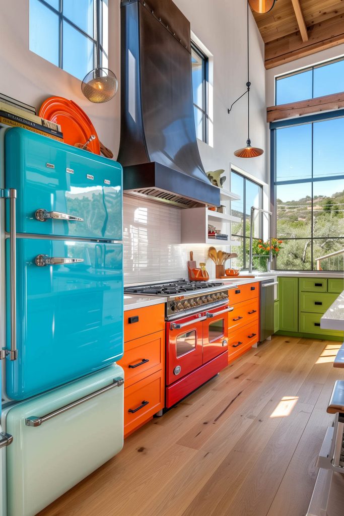 Brightly colored kitchen appliances add playful flair.