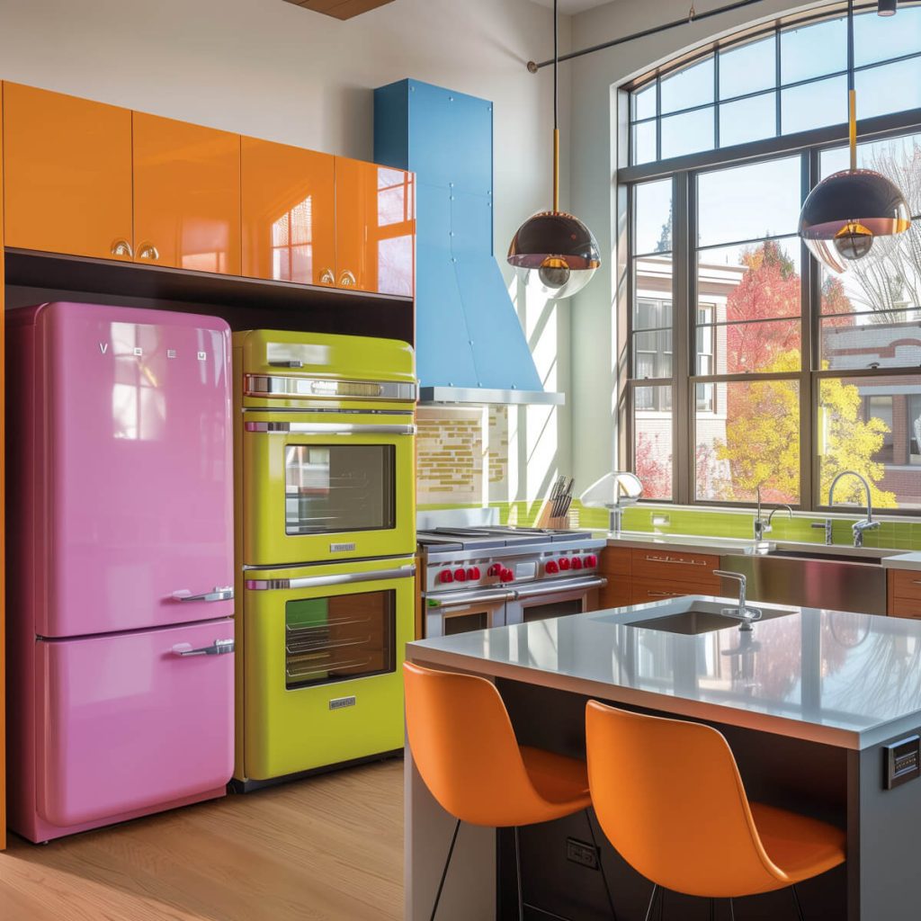 Brightly colored kitchen appliances add playful flair.