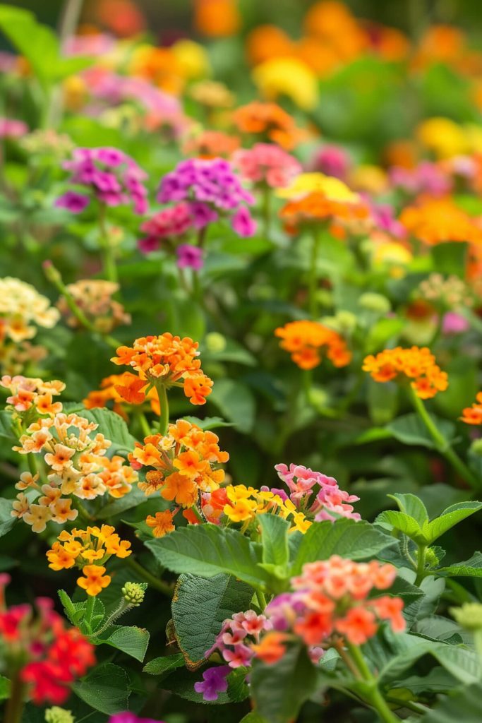 Clusters of small, brightly colored lantana flowers in a sunny garden.
