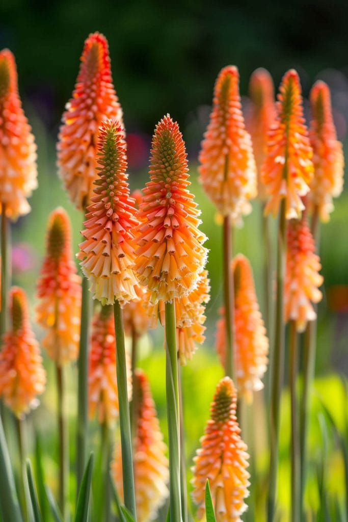 Striking, torch-like kniphofia flower spikes in red, orange, and yellow blooming in a sunny garden, creating a bold display.