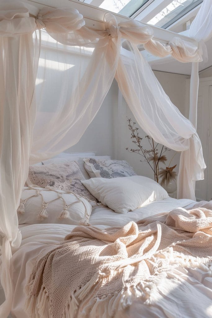 A sheer canopy over the bed creating a light and airy atmosphere in a bedroom.