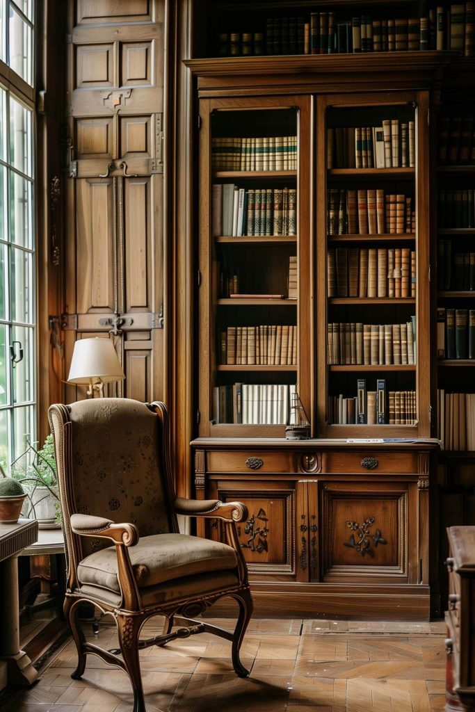 A classic library featuring an antique library cabinet as a charming and functional focal point.