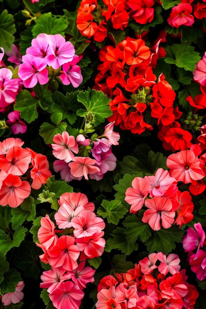 Vibrant geraniums in full bloom, with red and pink flowers, set against a garden backdrop.