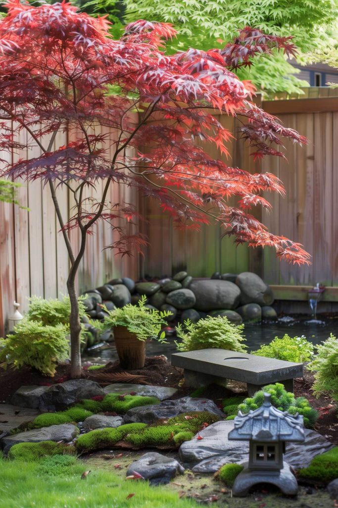 A garden corner with a Japanese maple tree, moss, and a stone bench.