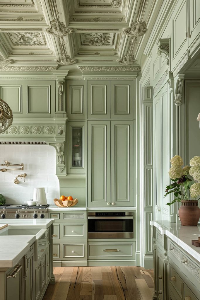 Sage green cabinets adorned with classic moldings and detailed paneling in a traditional kitchen.