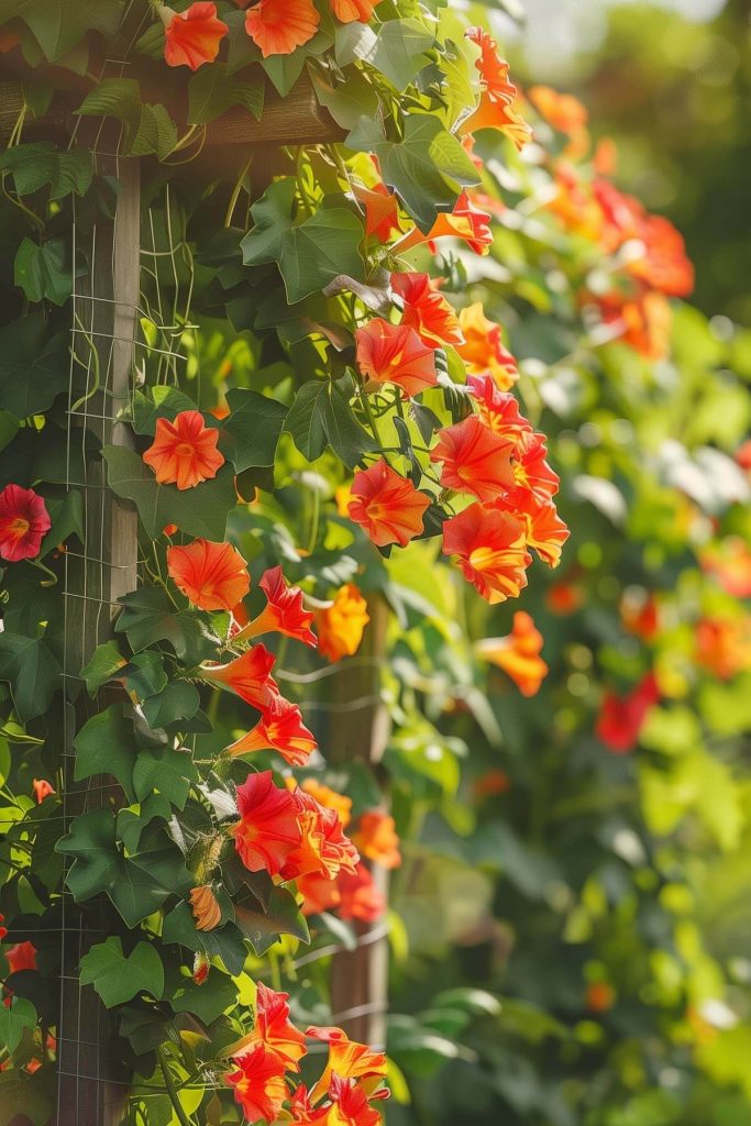 Tubular orange and red flowers of trumpet vine climbing on a trellis in a sunlit garden.
