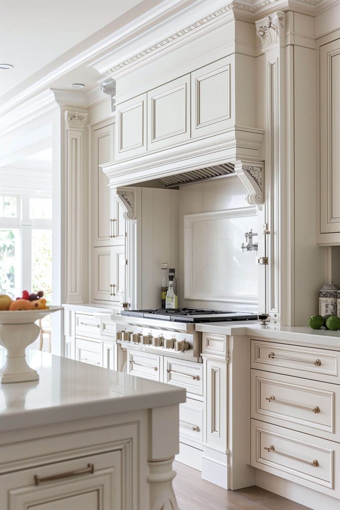 Elegant white kitchen cabinets detailed with decorative molding for a refined style.
