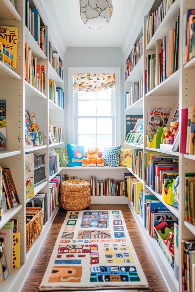 A colorful and inviting library with lower shelves and playful decor making it accessible to children.