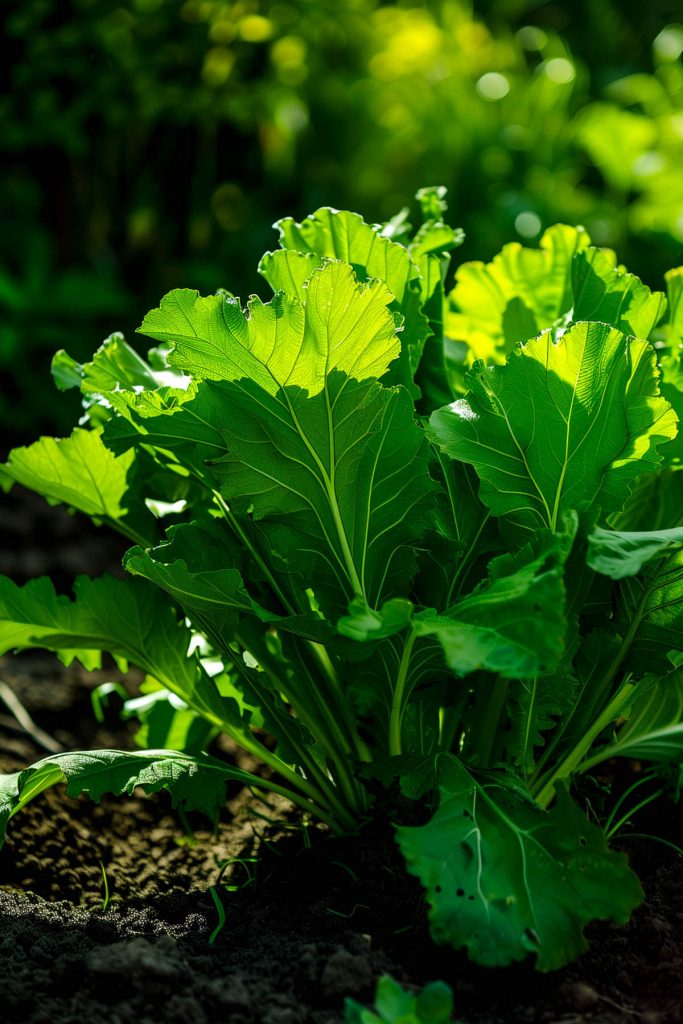 A horseradish plant with large, broad green leaves, growing in a sunny garden bed.