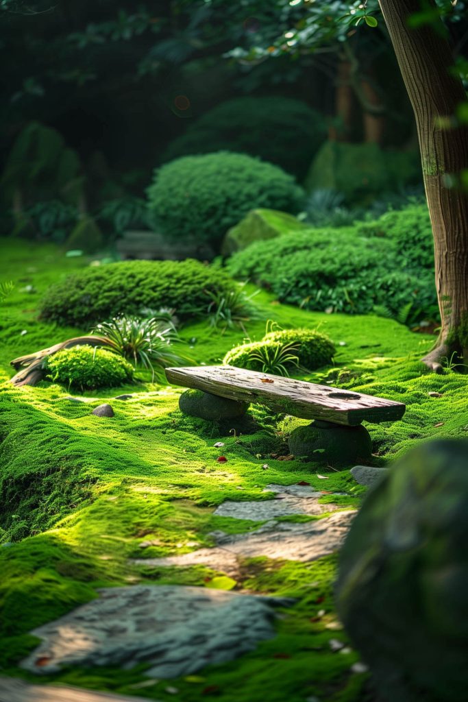 A tranquil garden corner with various types of moss and a wooden bench.