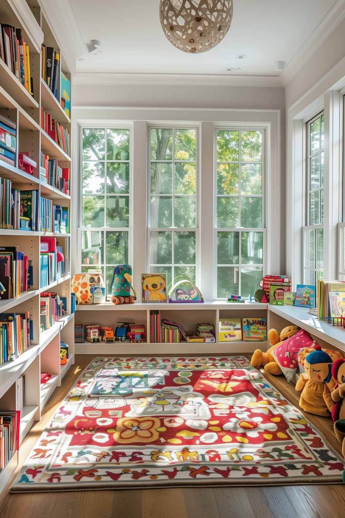 A colorful and inviting library with lower shelves and playful decor making it accessible to children.