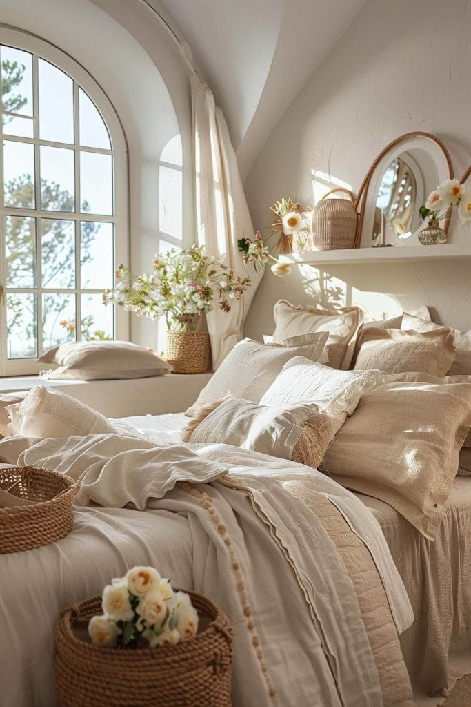 Handwoven baskets used for storage adding a rustic, organized look to a bedroom.