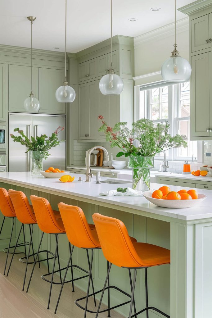 Sage green cabinets accented with vibrant citrus hues like lemon and lime in a fresh kitchen.