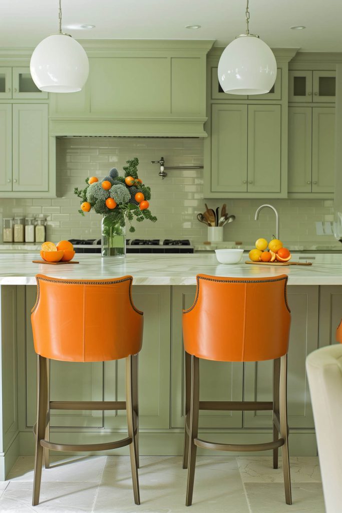 Sage green cabinets accented with vibrant citrus hues like lemon and lime in a fresh kitchen.