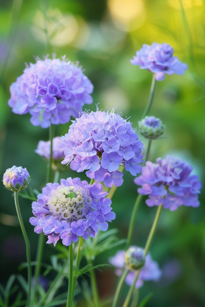 Delicate, pincushion-like scabiosa flowers in blue, pink, and white blooming in a sunny garden, attracting pollinators.