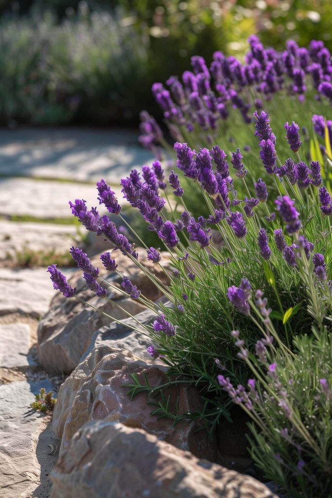 Distinctive tufted flowers and aromatic foliage of Spanish lavender in a sunlit garden.