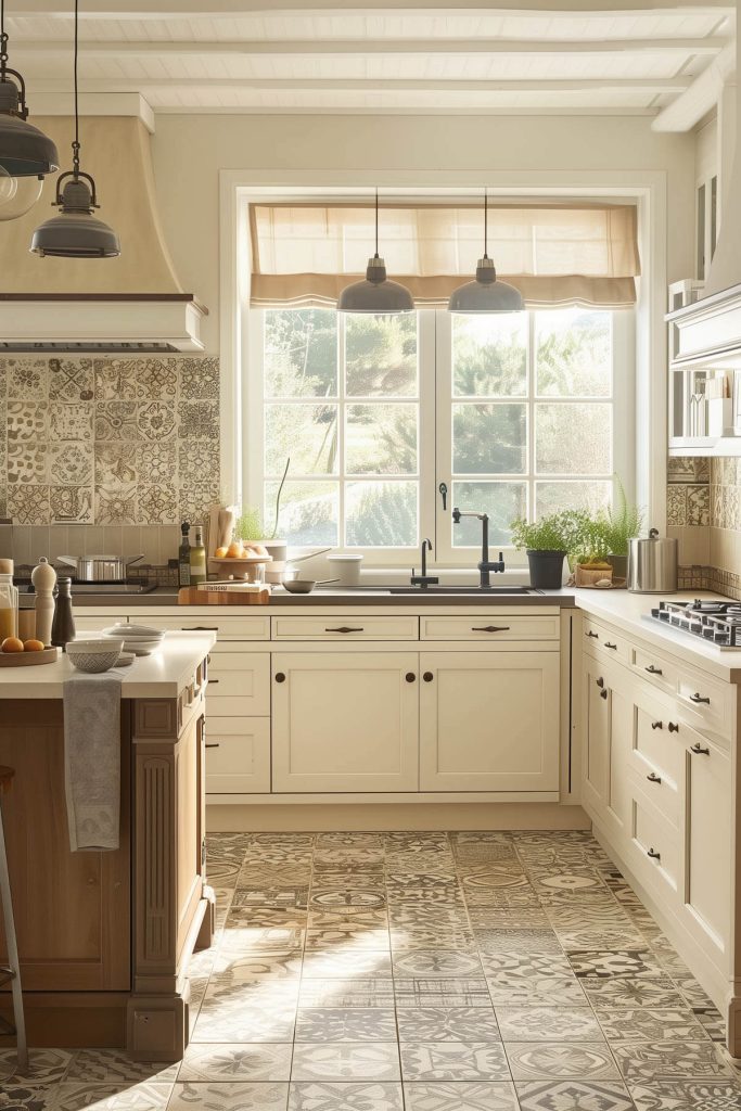 Kitchen featuring antique tiles for a nostalgic charm.