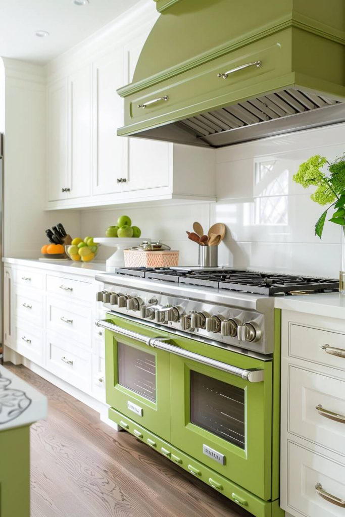 Bold white kitchen cabinets flanking a statement range in a contrasting hue.
