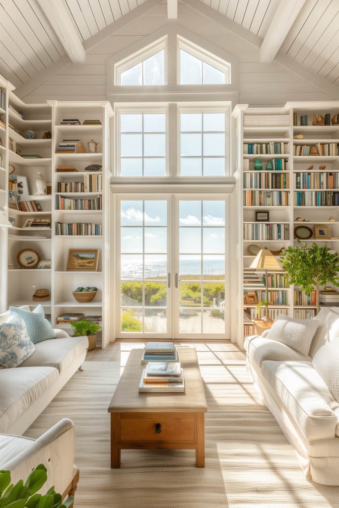 Light, airy shelves and coastal decor create a fresh, beach-inspired library space.