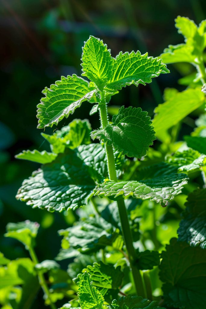 A lemon balm plant with fresh, green, lemon-scented leaves, growing in a shaded part of a garden.