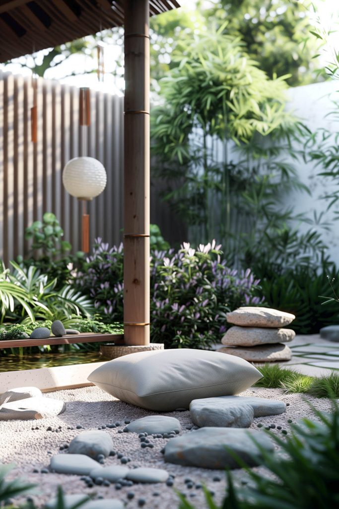 A simple garden corner with a meditation bench and calming plants.